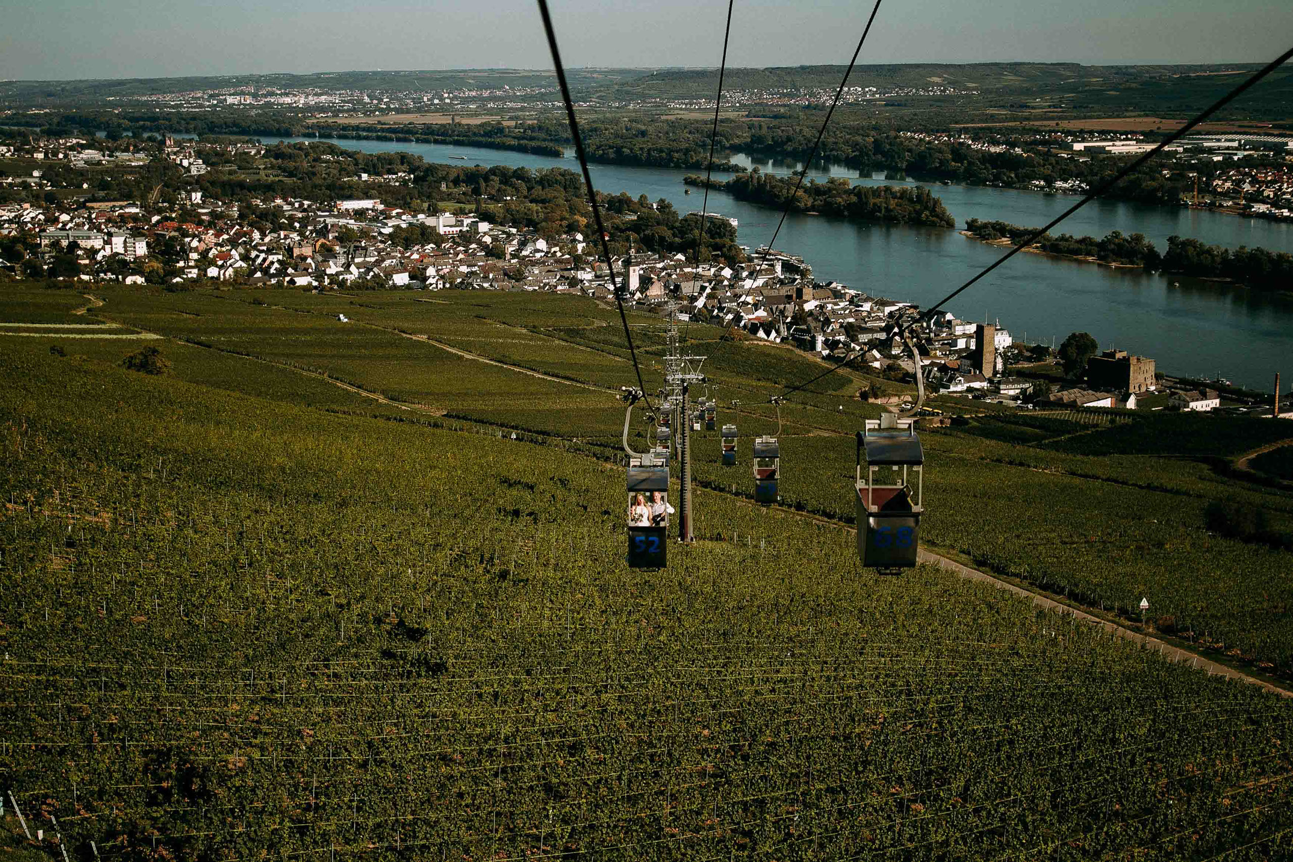 Panorama mit Seilbahn über den Weinbergen von Rüdesheim – Hochzeitslocation Am Niederwald mit Ausblick.